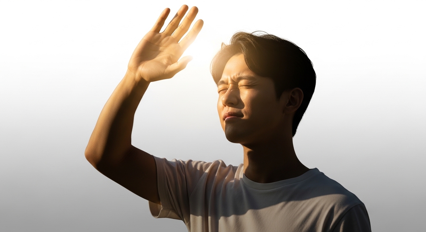 가을철 태양 고도가 낮아져 자외선이 눈에 더 깊숙이 비스듬하게 침투하는 원리를 보여주는 이미지